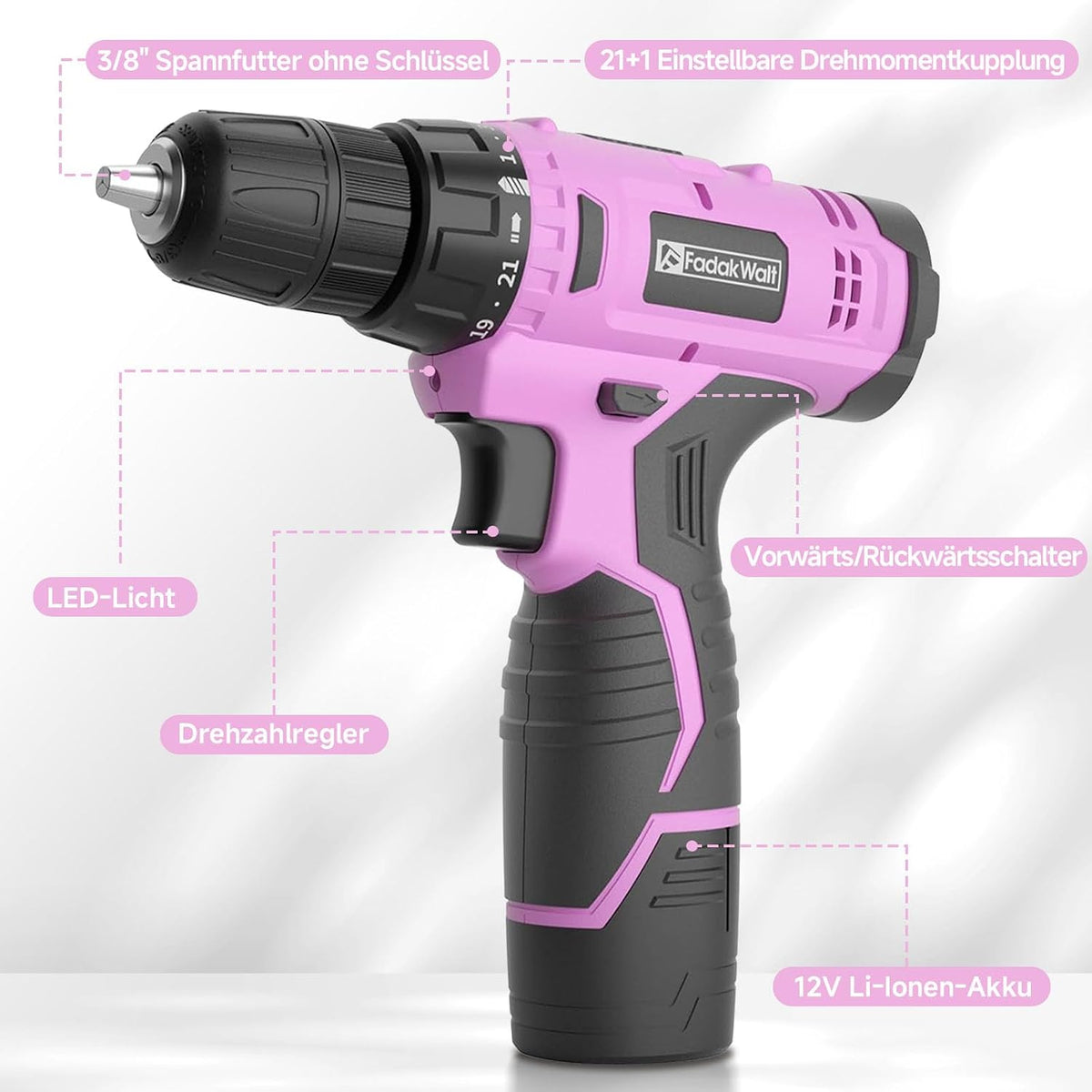 Cordless Drill Set, 12V Power Drill Set with Battery and Charger, 3/8'' Keyless Chuck, 21+1 Torque Setting, 180 inch-lbs, Pink Electric Drill for Women's Garden DIY Projects（Pink)