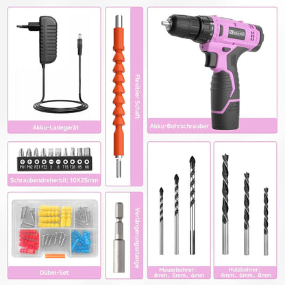 Cordless Drill Set, 12V Power Drill Set with Battery and Charger, 3/8'' Keyless Chuck, 21+1 Torque Setting, 180 inch-lbs, Pink Electric Drill for Women's Garden DIY Projects（Pink)