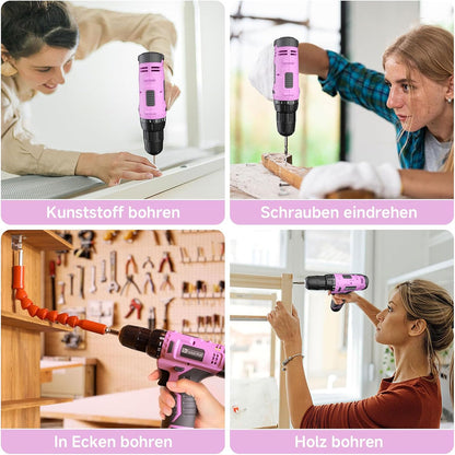 Cordless Drill Set, 12V Power Drill Set with Battery and Charger, 3/8'' Keyless Chuck, 21+1 Torque Setting, 180 inch-lbs, Pink Electric Drill for Women's Garden DIY Projects（Pink)