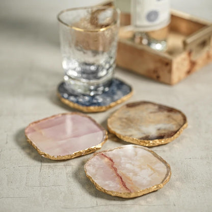 Simulated Agate Marble Glass Coaster with Gold Rim - Set of 4 (Pink)