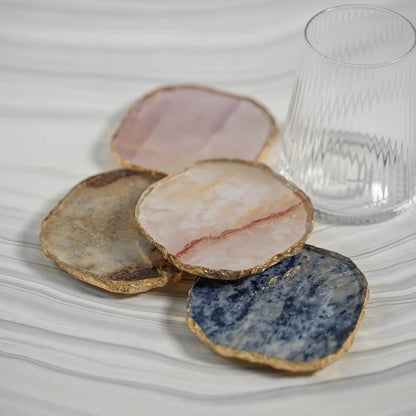 Simulated Agate Marble Glass Coaster with Gold Rim - Set of 4 (Pink)