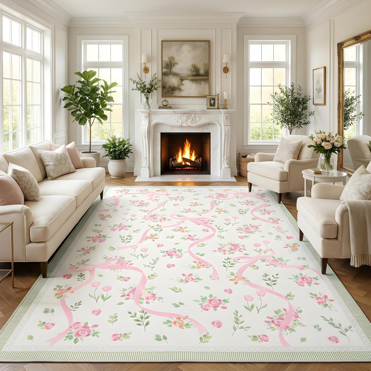 Pink and Green Rugs for Bedroom Girls, 5x7 Rug for Living Room
