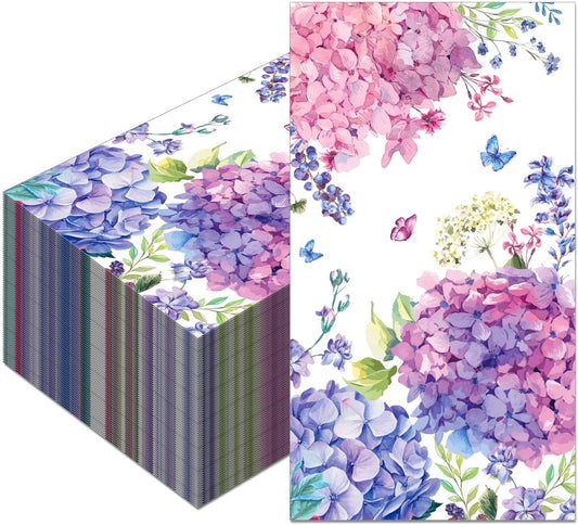 40pcs Guest Napkins Paper Floral Hydrangea Paper Napkins Butterfly Disposable Absorbent Hand Towels for Wedding, Tea Party, Bathroom, Kitchen, Supplies Decoration/Pink and Purple