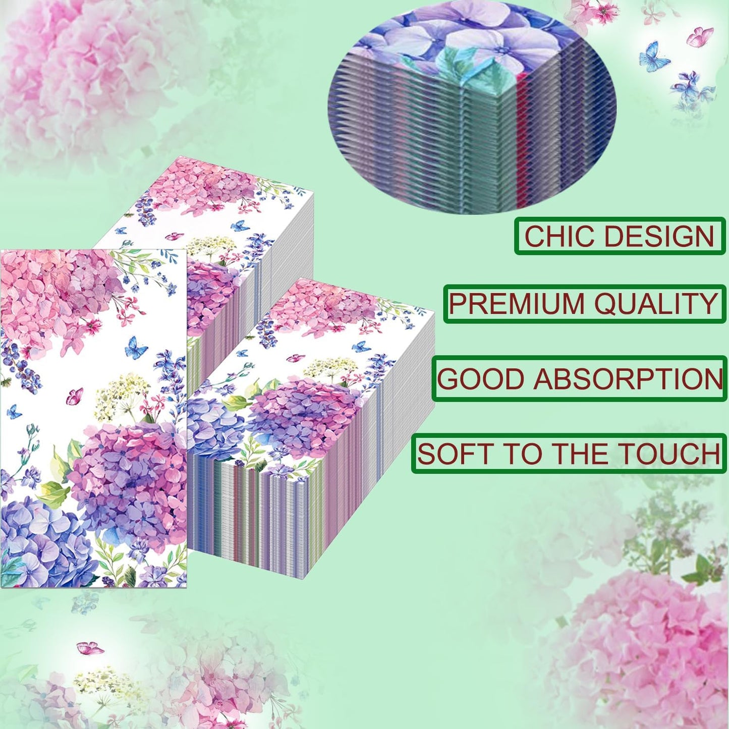 40pcs Guest Napkins Paper Floral Hydrangea Paper Napkins Butterfly Disposable Absorbent Hand Towels for Wedding, Tea Party, Bathroom, Kitchen, Supplies Decoration/Pink and Purple