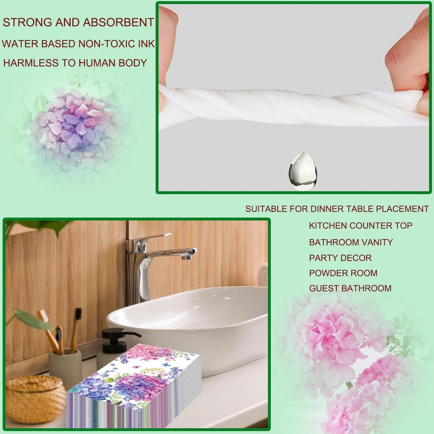 40pcs Guest Napkins Paper Floral Hydrangea Paper Napkins Butterfly Disposable Absorbent Hand Towels for Wedding, Tea Party, Bathroom, Kitchen, Supplies Decoration/Pink and Purple