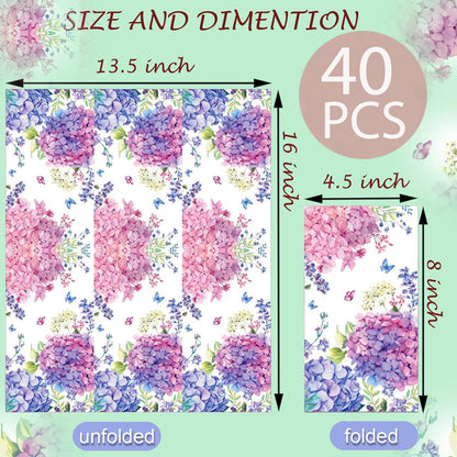40pcs Guest Napkins Paper Floral Hydrangea Paper Napkins Butterfly Disposable Absorbent Hand Towels for Wedding, Tea Party, Bathroom, Kitchen, Supplies Decoration/Pink and Purple