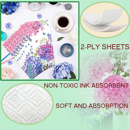 40pcs Guest Napkins Paper Floral Hydrangea Paper Napkins Butterfly Disposable Absorbent Hand Towels for Wedding, Tea Party, Bathroom, Kitchen, Supplies Decoration/Pink and Purple