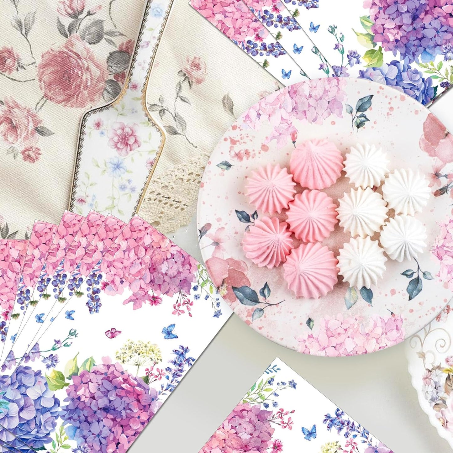 40pcs Guest Napkins Paper Floral Hydrangea Paper Napkins Butterfly Disposable Absorbent Hand Towels for Wedding, Tea Party, Bathroom, Kitchen, Supplies Decoration/Pink and Purple