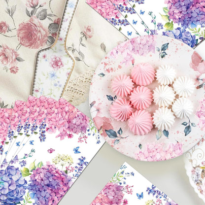 40pcs Guest Napkins Paper Floral Hydrangea Paper Napkins Butterfly Disposable Absorbent Hand Towels for Wedding, Tea Party, Bathroom, Kitchen, Supplies Decoration/Pink and Purple
