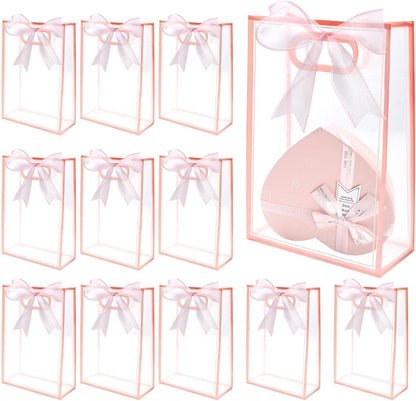 12 Pcs Clear Gift Bags with Handles 7.1"x10.2"x3.2" Plastic Party Favor Bag with Ribbon Reusable Goodie Bags Transparent Gift Wrap Bag Bulks for Valentine's Day Bridal Wedding Birthday (Pink)
