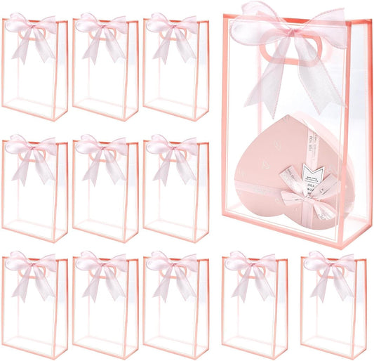 12 Pcs Clear Gift Bags with Handles 7.1"x10.2"x3.2" Plastic Party Favor Bag with Ribbon Reusable Goodie Bags Transparent Gift Wrap Bag Bulks for Valentine's Day Bridal Wedding Birthday (Pink)