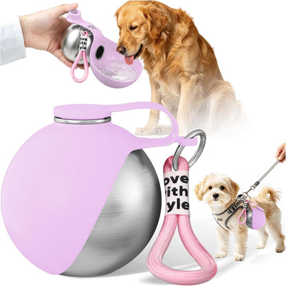 2 in 1 Dog Water Bottle with Bowl, 10oz Stainless Steel - Pink