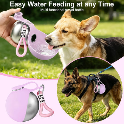 2 in 1 Dog Water Bottle with Bowl, 10oz Stainless Steel - Pink