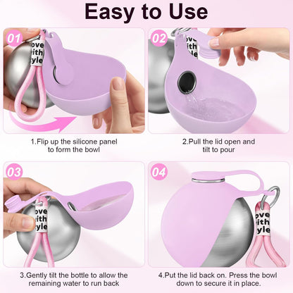 2 in 1 Dog Water Bottle with Bowl, 10oz Stainless Steel - Pink