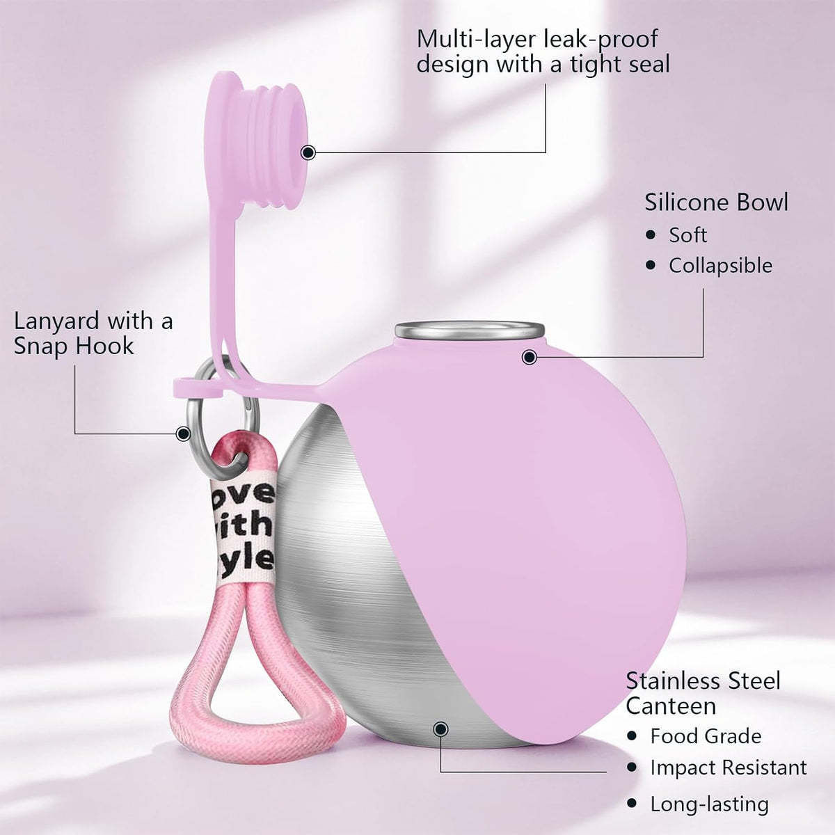 2 in 1 Dog Water Bottle with Bowl, 10oz Stainless Steel - Pink