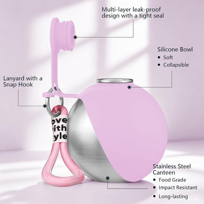 2 in 1 Dog Water Bottle with Bowl, 10oz Stainless Steel - Pink