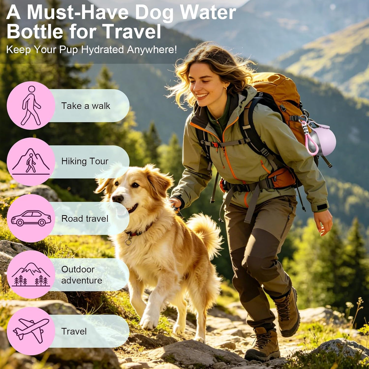 2 in 1 Dog Water Bottle with Bowl, 10oz Stainless Steel - Pink