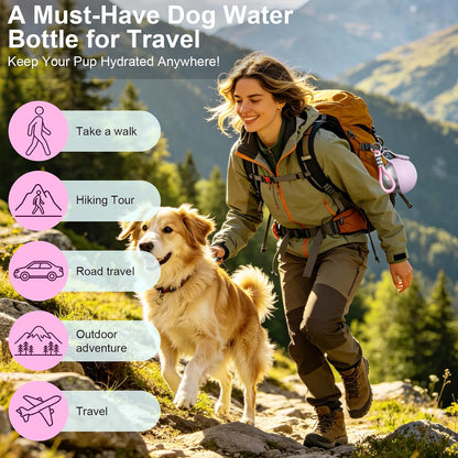2 in 1 Dog Water Bottle with Bowl, 10oz Stainless Steel - Pink