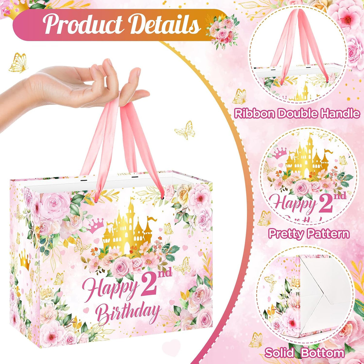 2nd Birthday Party Gift Bag for Girls Her Royal Pink Pastel Princess Castle Happy 2nd Birthday Party Decorations with Card & Wrapping Papers for Two Years Old Party Favors Supplies
