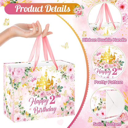 2nd Birthday Party Gift Bag for Girls Her Royal Pink Pastel Princess Castle Happy 2nd Birthday Party Decorations with Card & Wrapping Papers for Two Years Old Party Favors Supplies