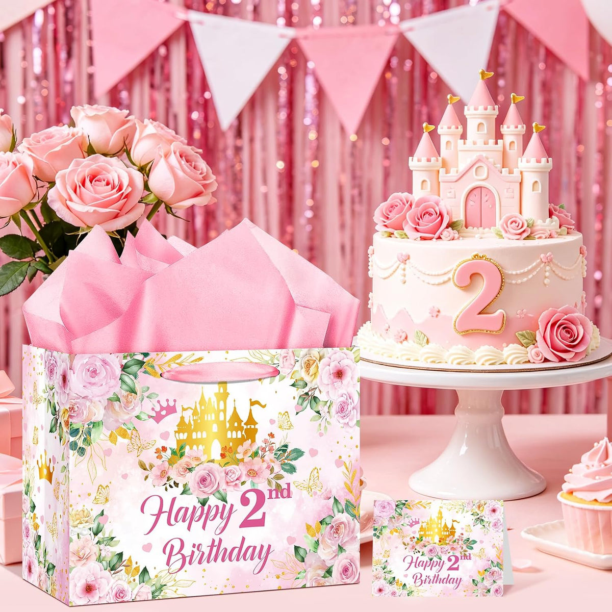 2nd Birthday Party Gift Bag for Girls Her Royal Pink Pastel Princess Castle Happy 2nd Birthday Party Decorations with Card & Wrapping Papers for Two Years Old Party Favors Supplies
