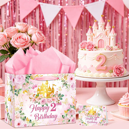 2nd Birthday Party Gift Bag for Girls Her Royal Pink Pastel Princess Castle Happy 2nd Birthday Party Decorations with Card & Wrapping Papers for Two Years Old Party Favors Supplies