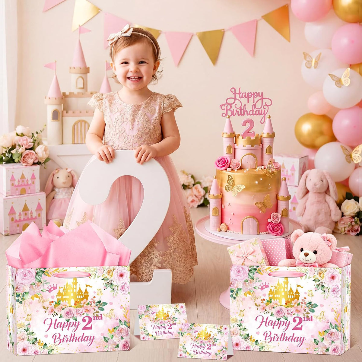 2nd Birthday Party Gift Bag for Girls Her Royal Pink Pastel Princess Castle Happy 2nd Birthday Party Decorations with Card & Wrapping Papers for Two Years Old Party Favors Supplies