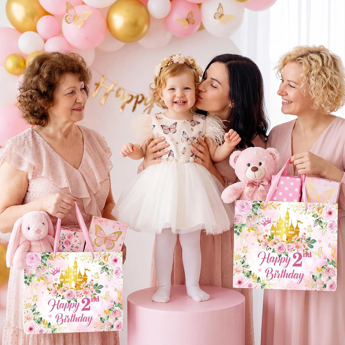 2nd Birthday Party Gift Bag for Girls Her Royal Pink Pastel Princess Castle Happy 2nd Birthday Party Decorations with Card & Wrapping Papers for Two Years Old Party Favors Supplies