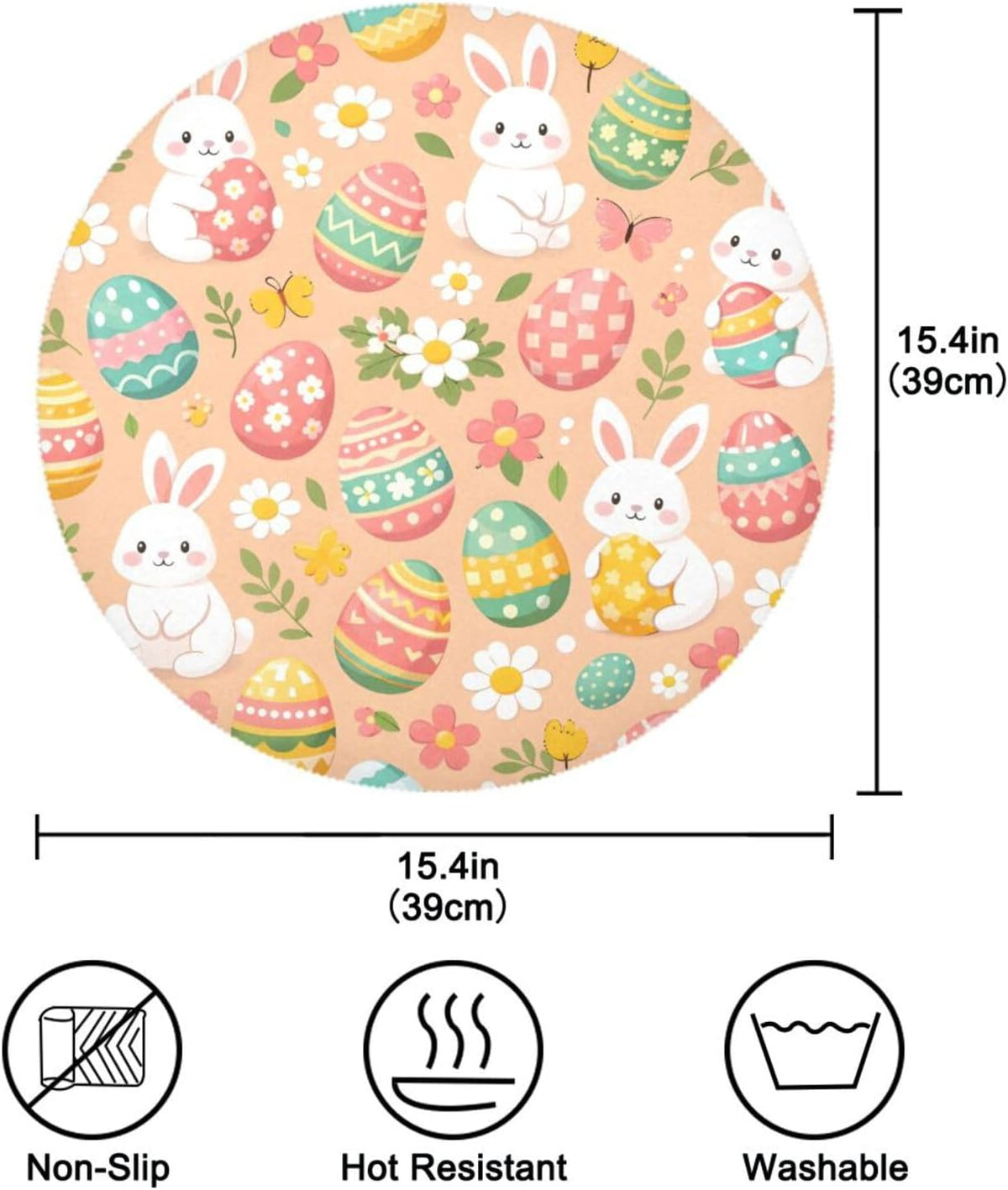 Easter Eggs Pattern Peach Place Mats Set of 4, 15 Inch Round Placemats Washable Non-Slip Table Mats for Kitchen Dining