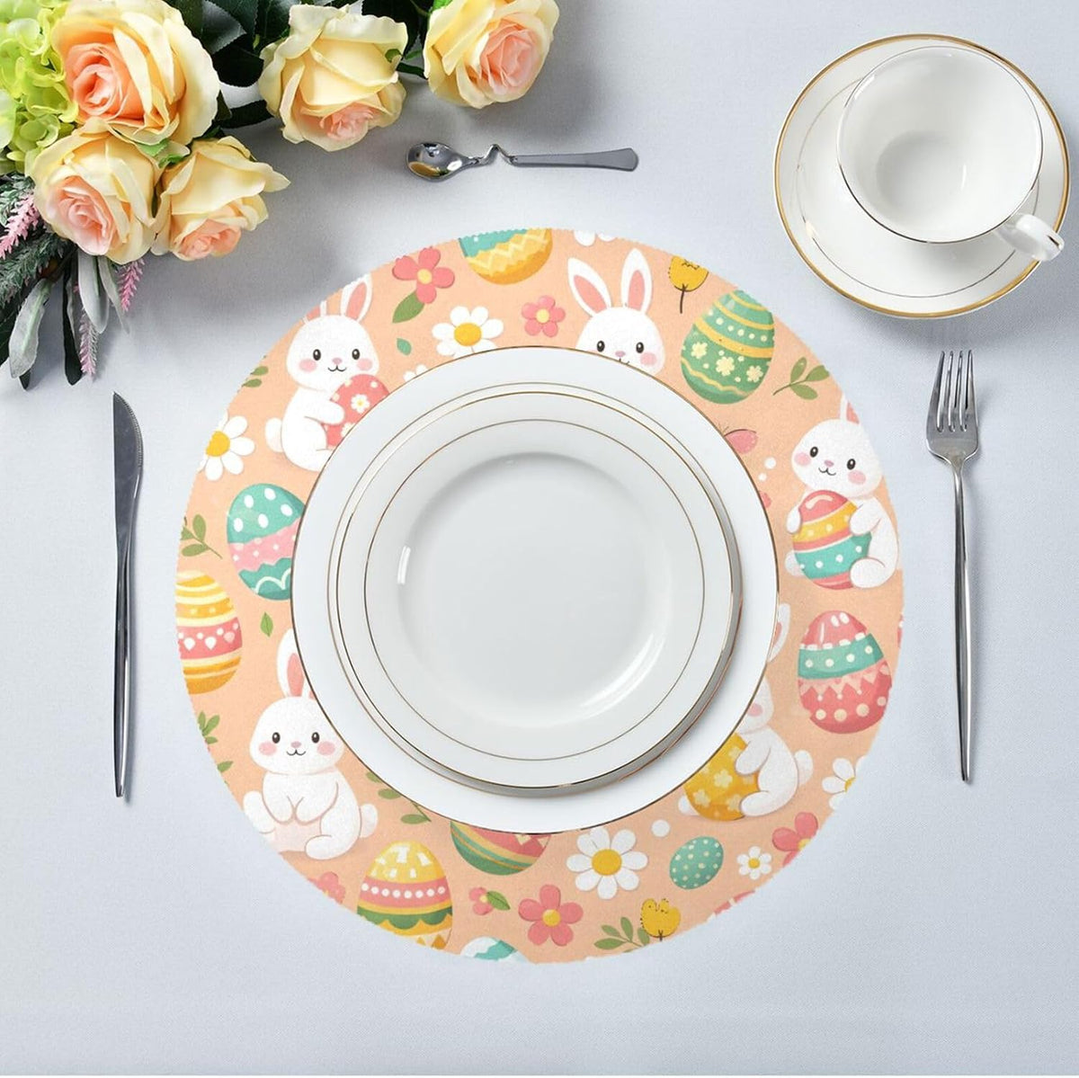 Easter Eggs Pattern Peach Place Mats Set of 4, 15 Inch Round Placemats Washable Non-Slip Table Mats for Kitchen Dining
