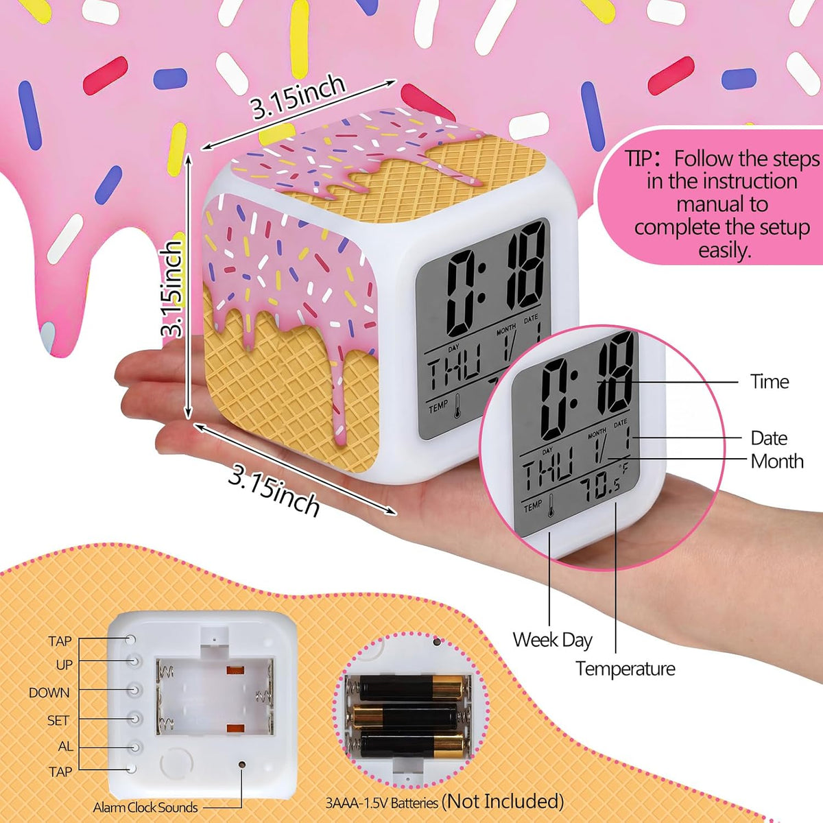 Baseball Ice Cream Drip Alarm Clock for Baseball Lovers Birthday Gift, Pink