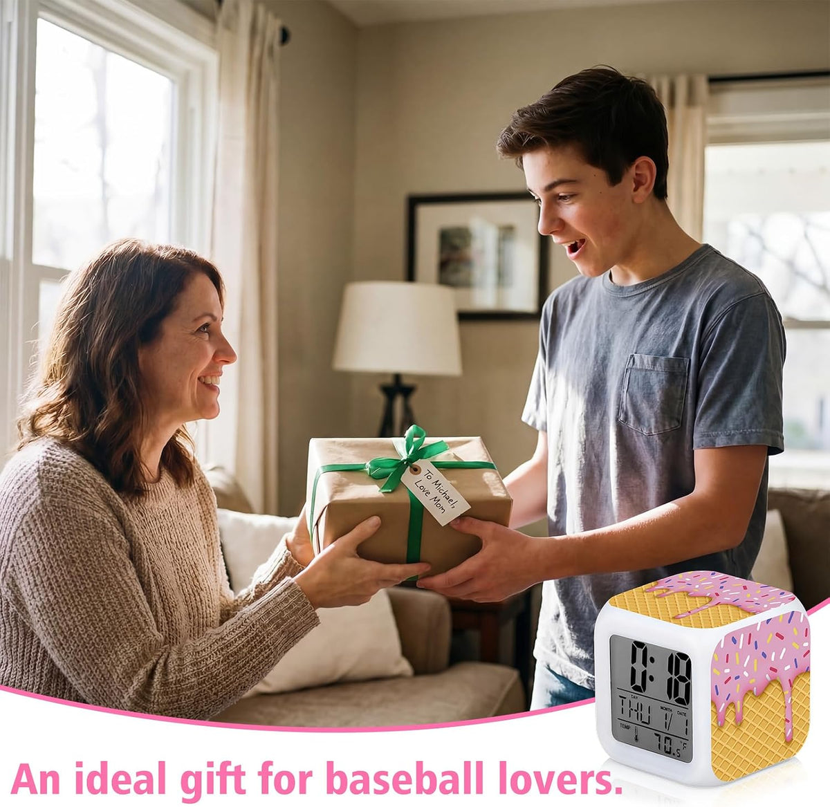 Baseball Ice Cream Drip Alarm Clock for Baseball Lovers Birthday Gift, Pink