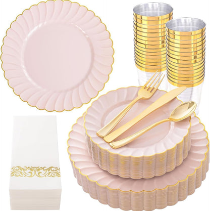 175PCS Pink Scalloped Plastic Plates for Party Wedding Baby Shower