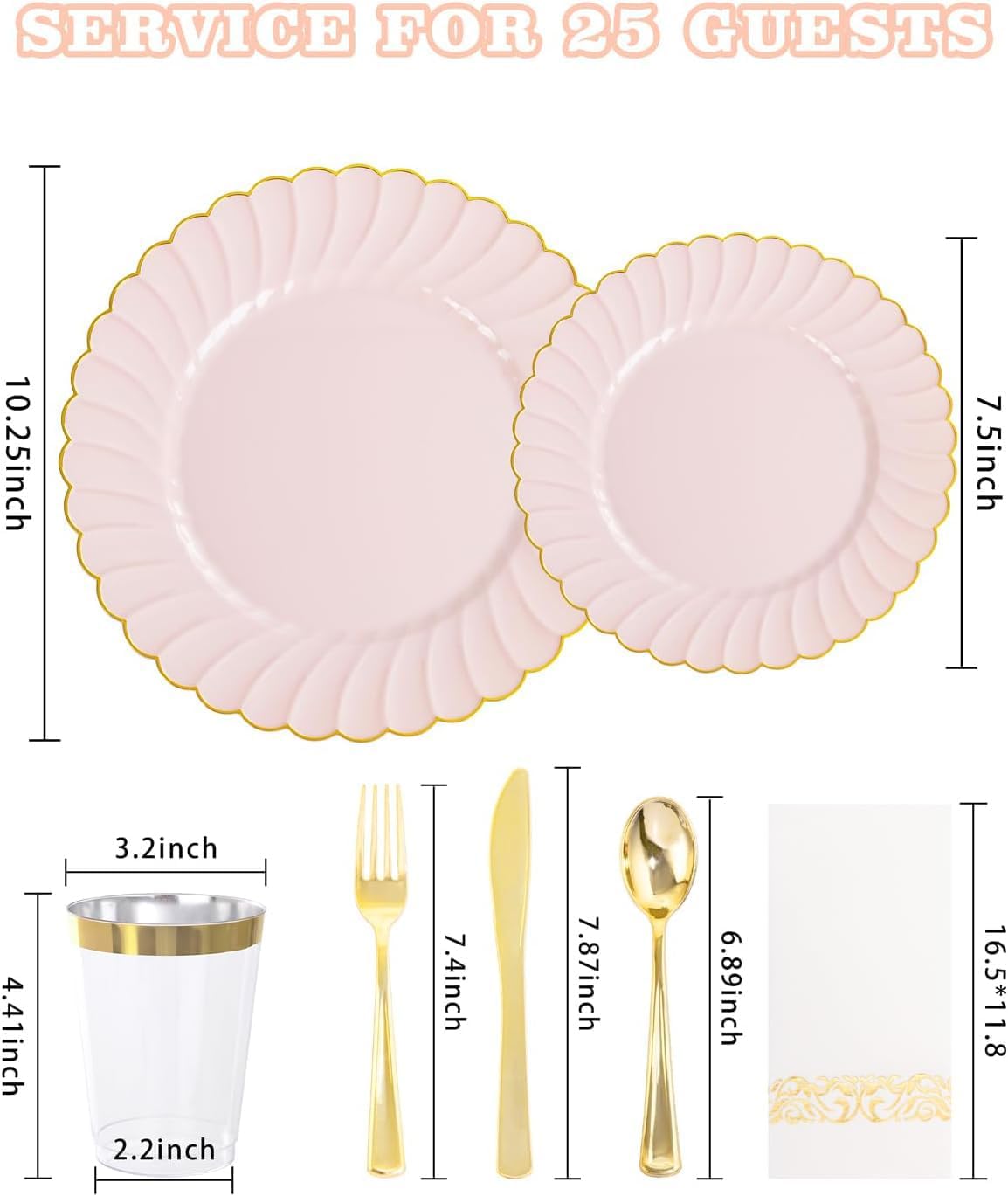 175PCS Pink Scalloped Plastic Plates for Party Wedding Baby Shower