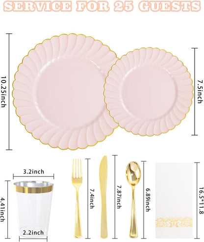175PCS Pink Scalloped Plastic Plates for Party Wedding Baby Shower