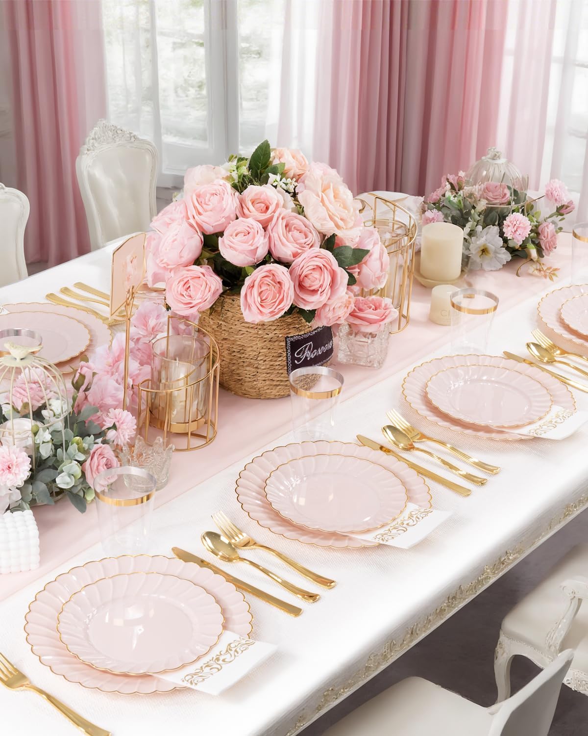 175PCS Pink Scalloped Plastic Plates for Party Wedding Baby Shower