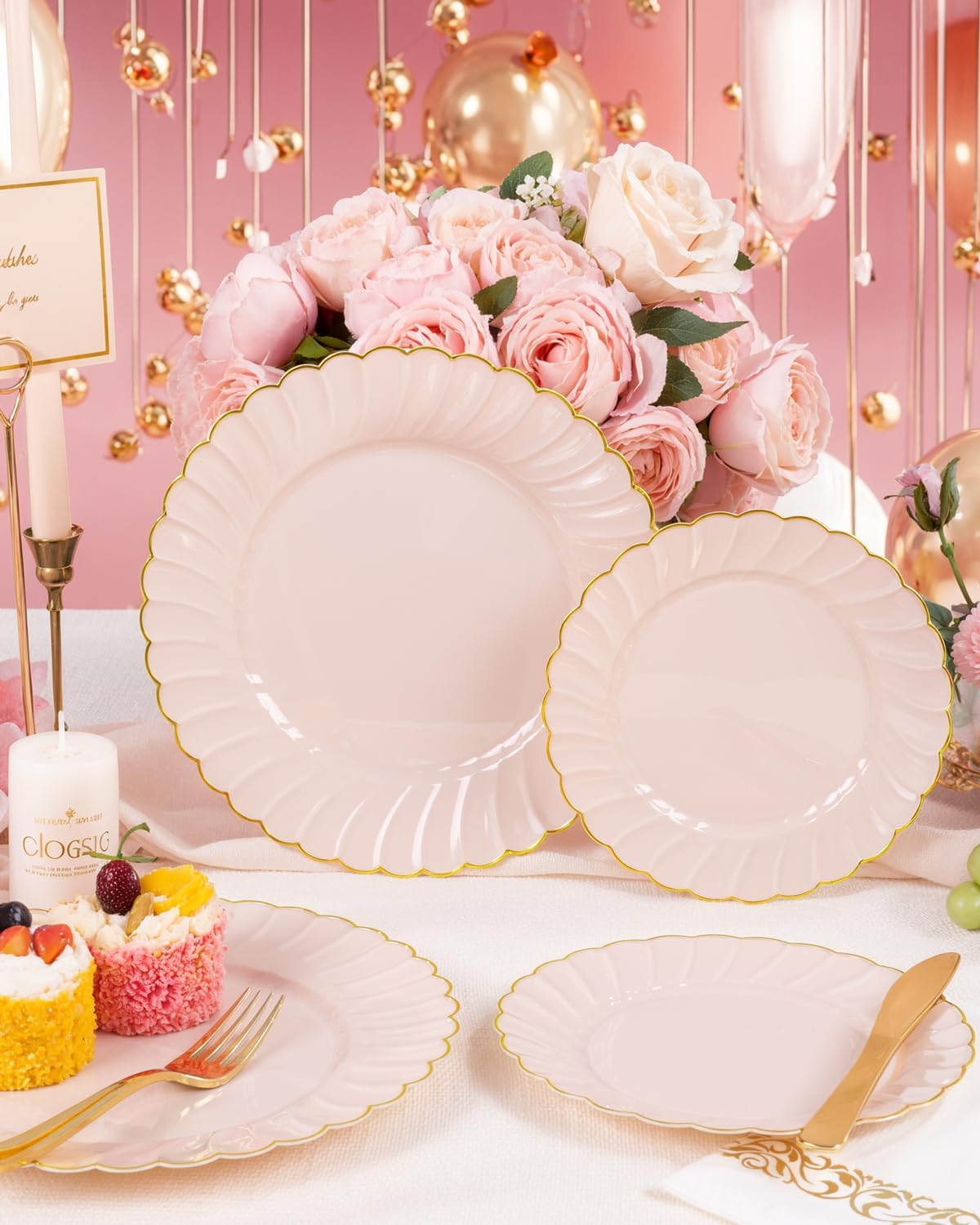 175PCS Pink Scalloped Plastic Plates for Party Wedding Baby Shower