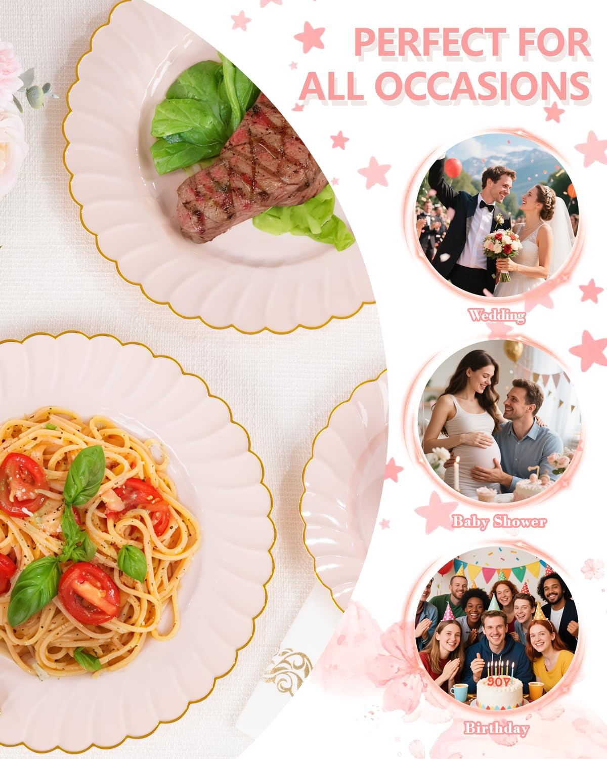 175PCS Pink Scalloped Plastic Plates for Party Wedding Baby Shower