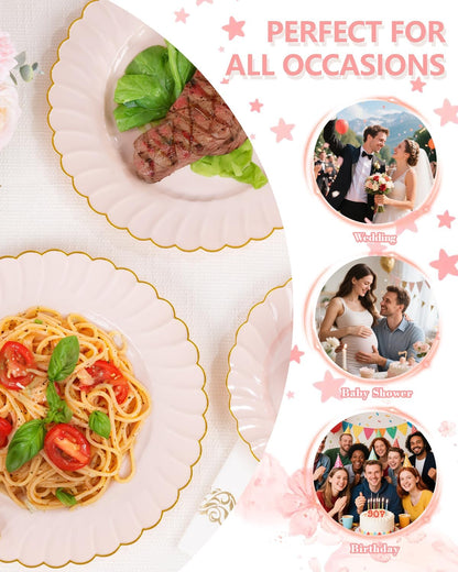 175PCS Pink Scalloped Plastic Plates for Party Wedding Baby Shower