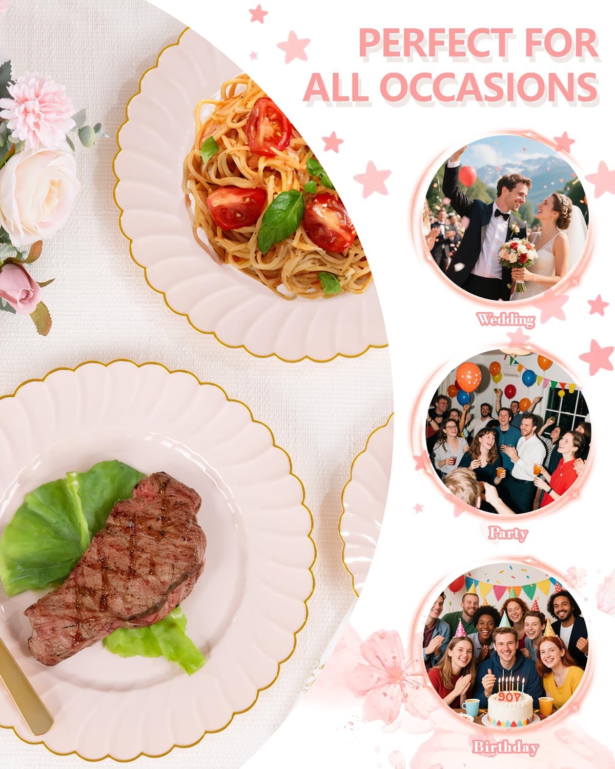 175PCS Pink Scalloped Plastic Plates for Party Wedding Baby Shower