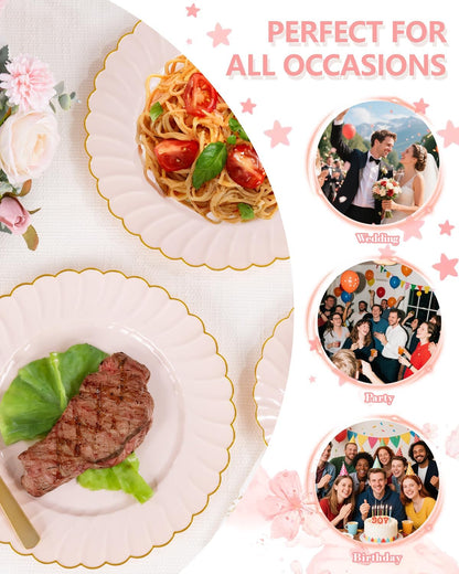 175PCS Pink Scalloped Plastic Plates for Party Wedding Baby Shower