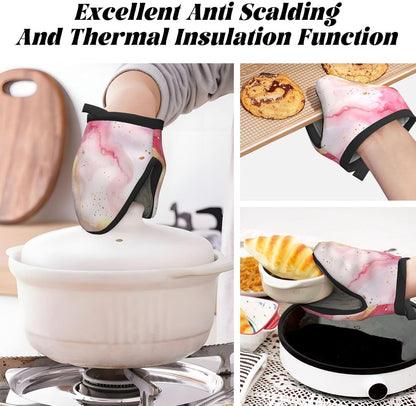 Mini Oven Mitts Pastel Light Pink Marble Oven Mitt 2-Pack Set Silicone Grip Kitchen Gloves Heat Resistant 5.9”x5.9” Hanging Loop Mittens for Cooking Baking BBQ