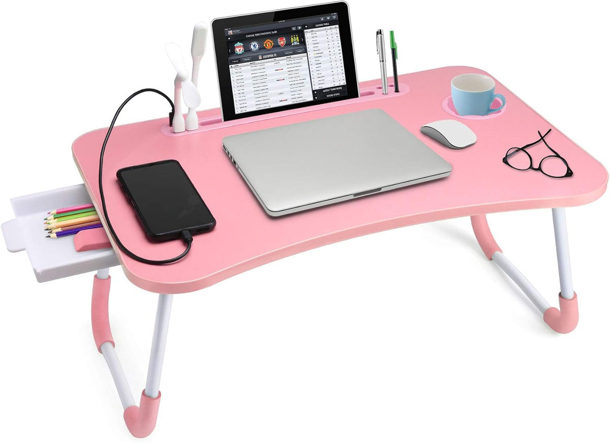 Bed Desk for Laptop and Writing with Storage, Cup Holder, Light