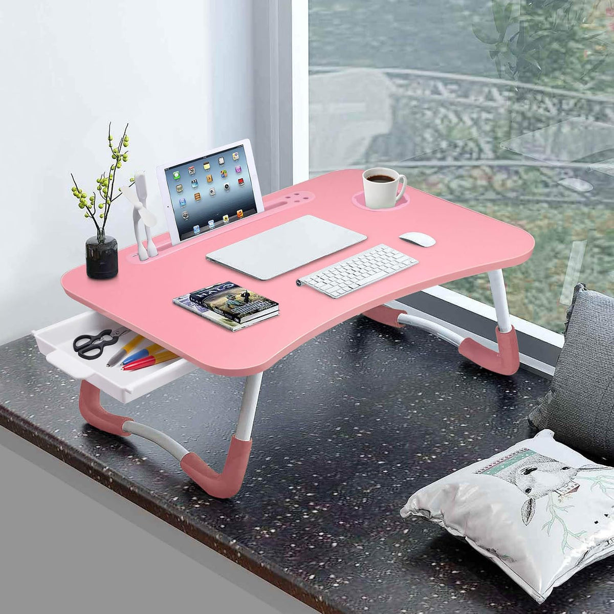 Bed Desk for Laptop and Writing with Storage, Cup Holder, Light