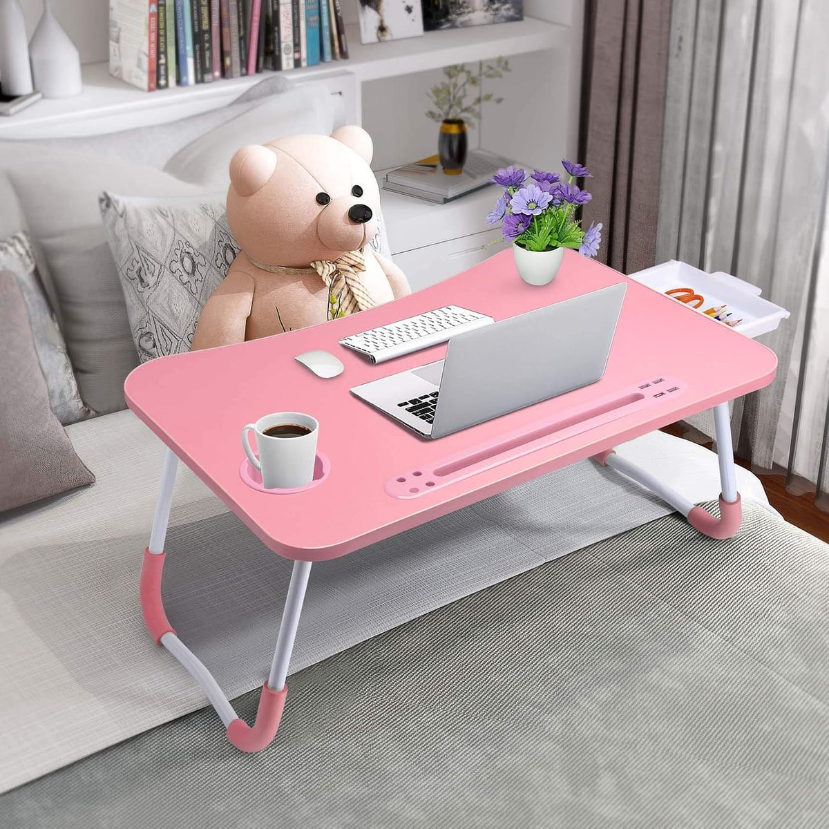 Bed Desk for Laptop and Writing with Storage, Cup Holder, Light