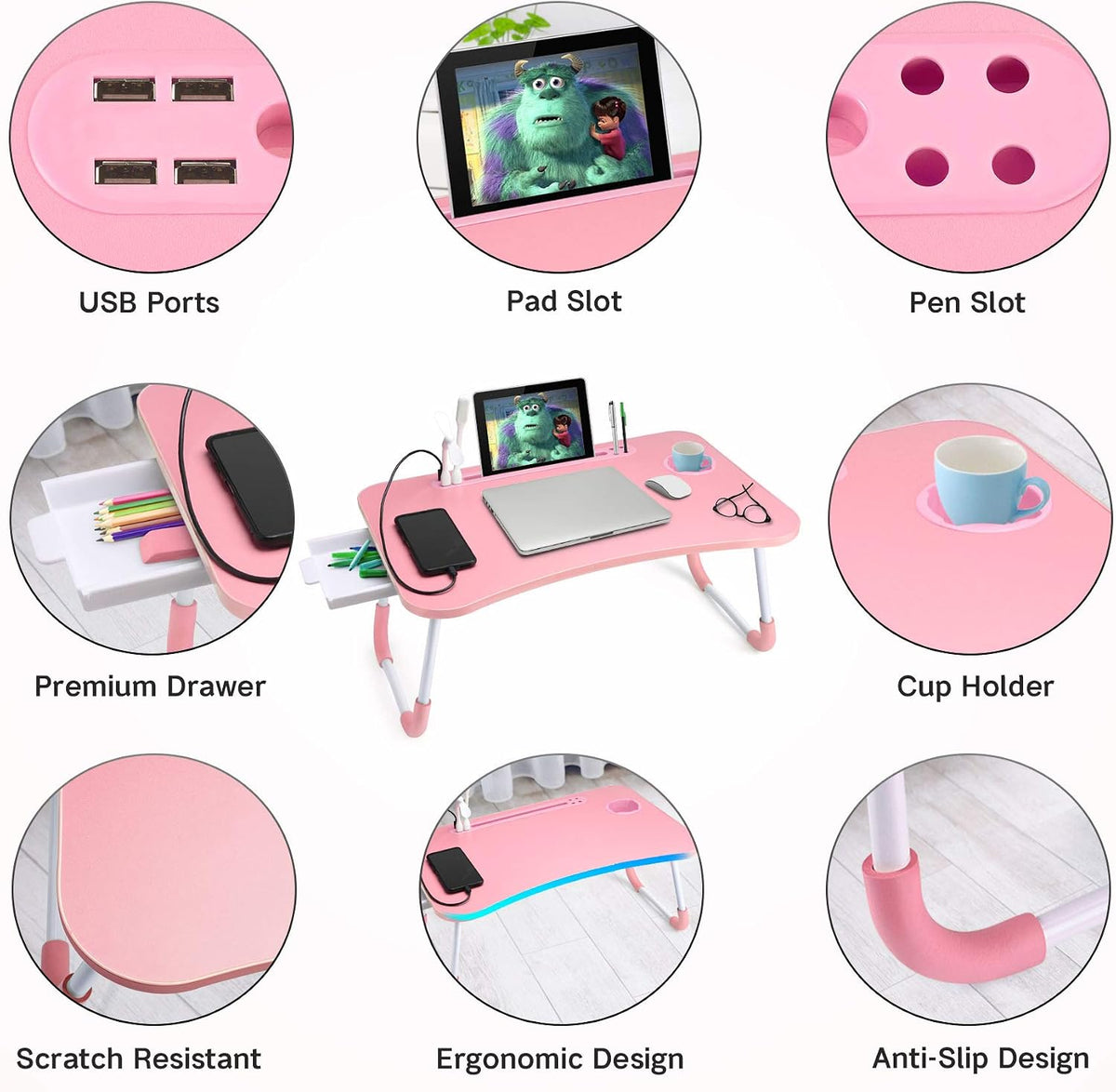 Bed Desk for Laptop and Writing with Storage, Cup Holder, Light