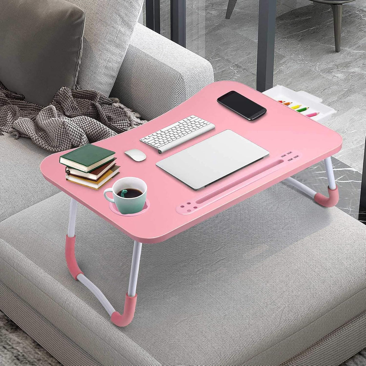 Bed Desk for Laptop and Writing with Storage, Cup Holder, Light