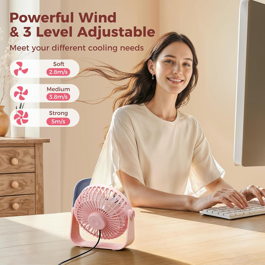 USB Desk Fan Portable Fan Powerful 3 Speeds with 360° Head Rotation