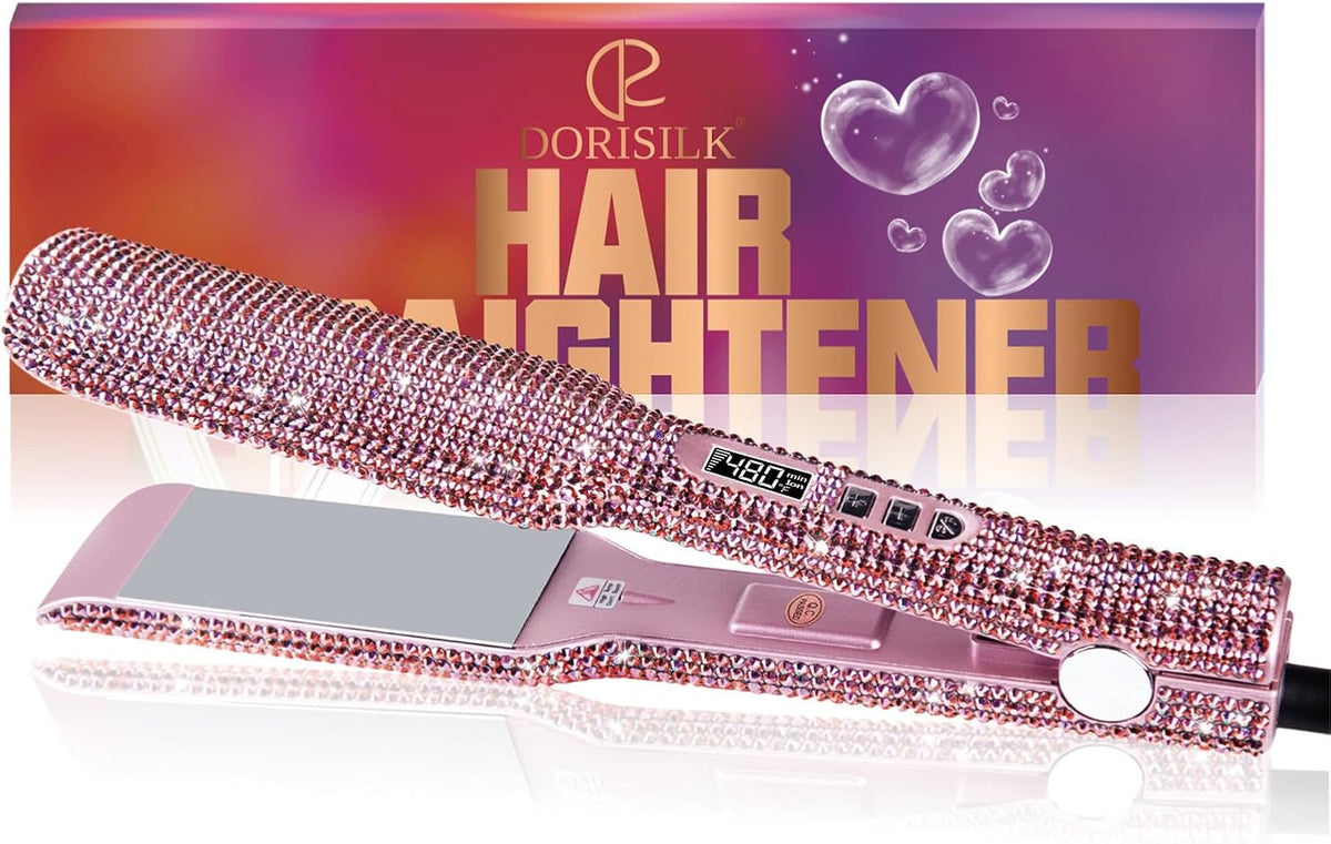 Crystal Diamond Professional Hair Straightener, 2 Inch Titanium Flat Iron Bling Rhinestone Straightening Iron Curling 2 in 1, Salon High Heat 480 °F, Instant Heat Up, Dual Voltage, Rose Pink