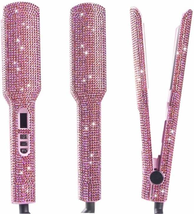Crystal Diamond Professional Hair Straightener, 2 Inch Titanium Flat Iron Bling Rhinestone Straightening Iron Curling 2 in 1, Salon High Heat 480 °F, Instant Heat Up, Dual Voltage, Rose Pink